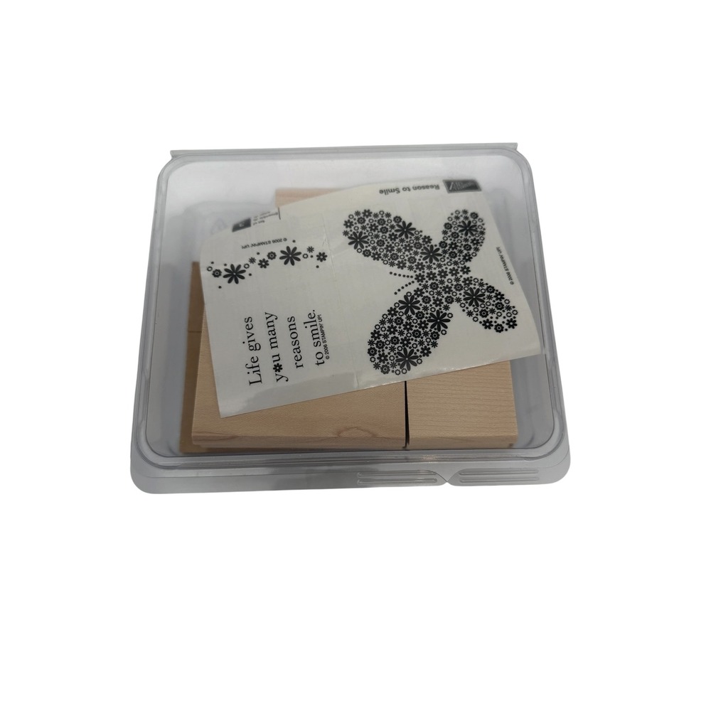 Stampin Up Reason to Smile Rubber Stamp Set 2006 Butterfly Floral Wood Mount 3pc - Picture 2 of 2